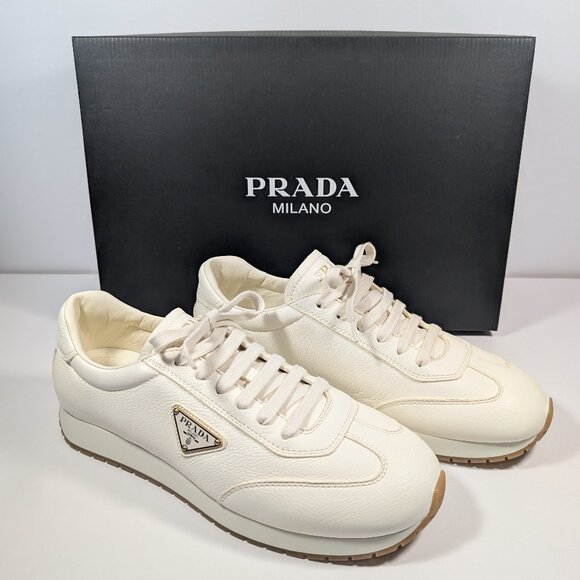 NIB Prada Leather Sneakers, Ivory, Retired Style: 1E410N-013-F0304 - Picture 2 of 12